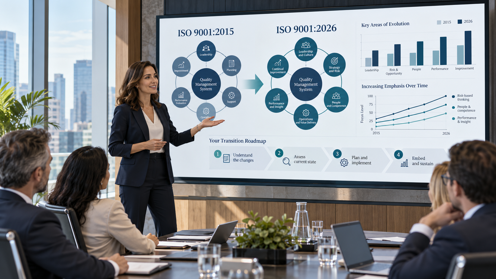 Instructora de emanta explicando la transición de ISO 9001:2015 a ISO 9001:2026